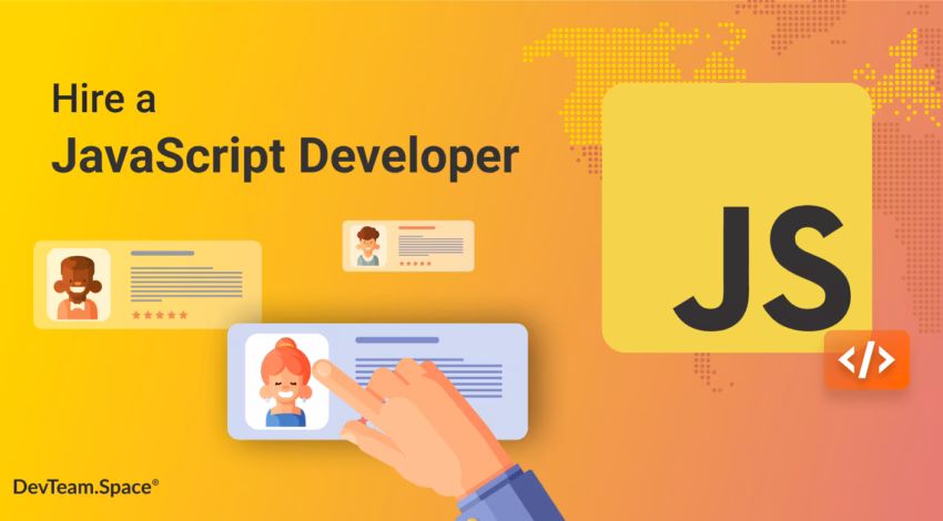 An image showing the 'Hire a JavaScript Developer' text and developer profiles