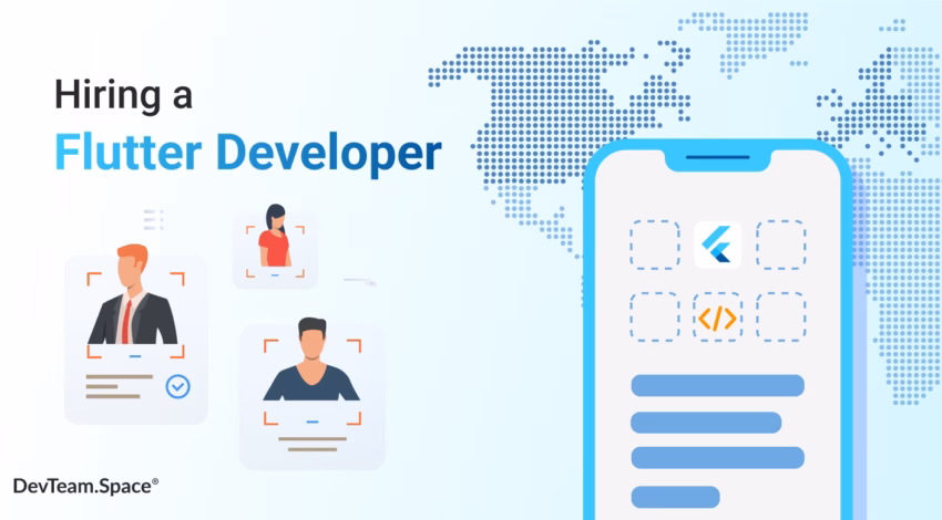 Image with text saying 'Hiring a Flutter developer' that includes developer profiles and a mobile phone with the Flutter logo — DevTeam.Space
