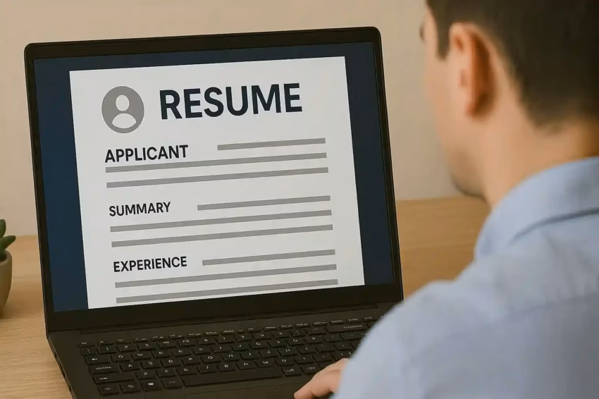 A person looking into a resume.