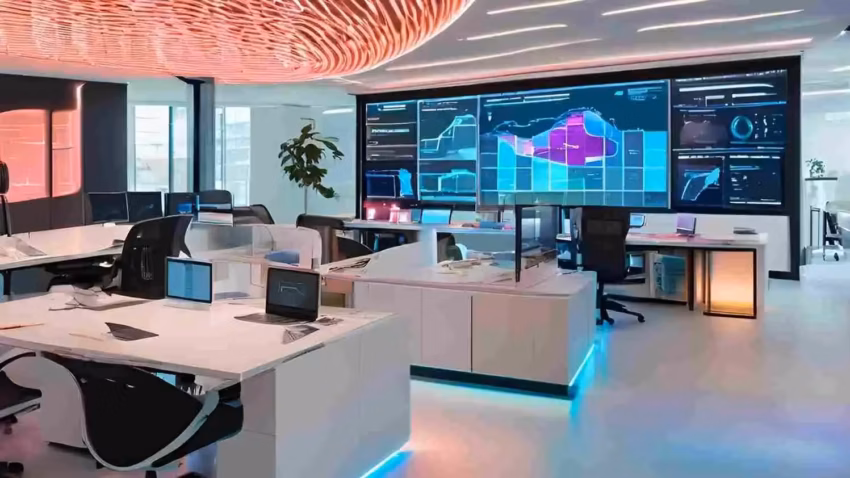 An office with tables and chairs, utilizing AI agents.