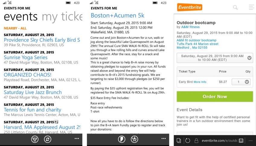 A screenshot of Eventbrite, an event planning app