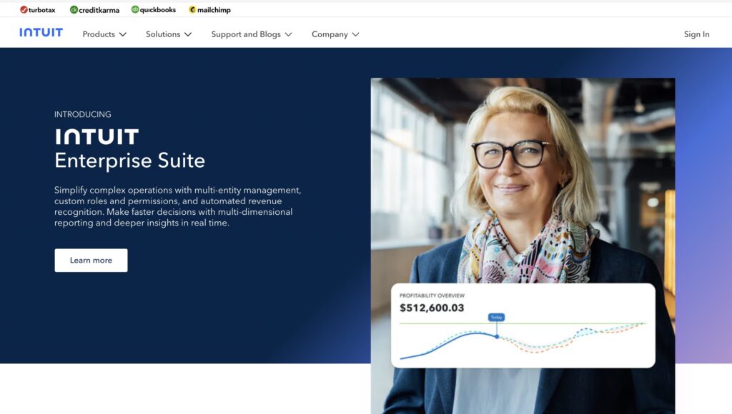 The visual picture of Intuit business, finance software company main page.