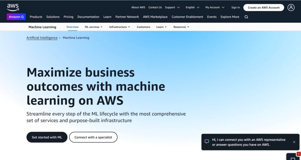 The visual picture of Amazon AWS AI development platform and tools main page.