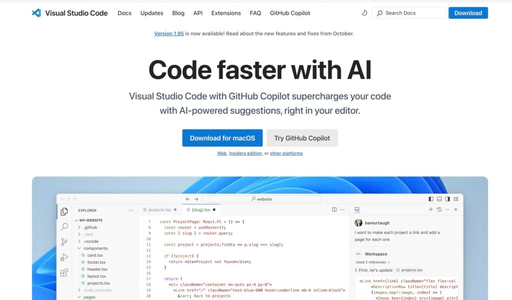 Visual Studio Code software development tool main page.