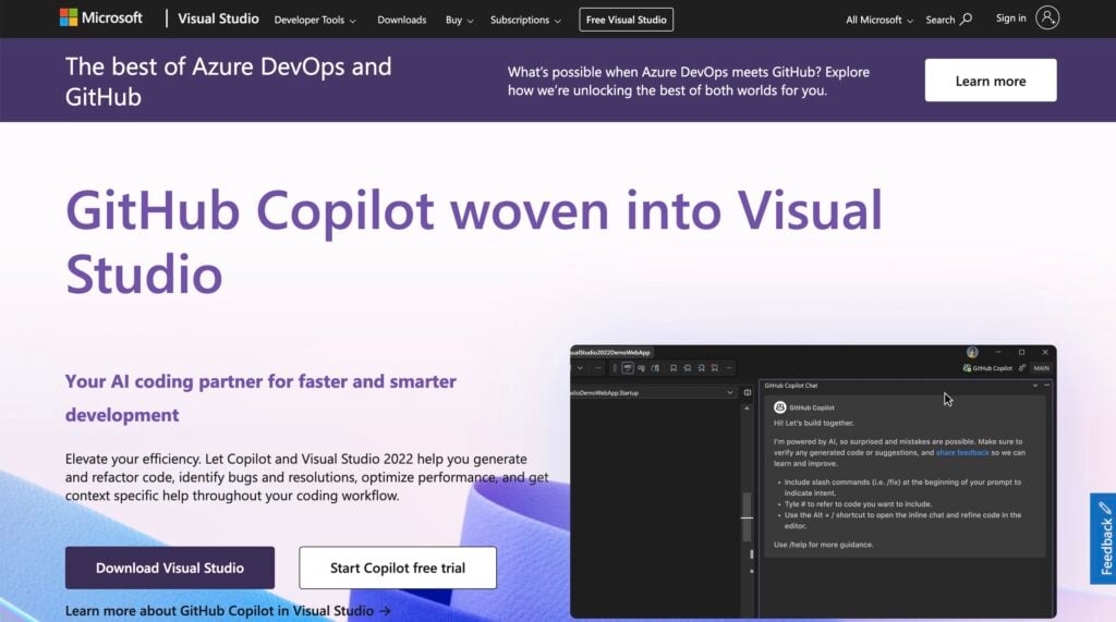 Visual Studio software development tool main page.