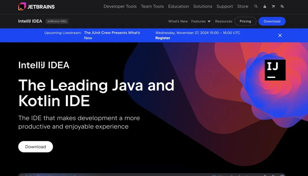 The visual picture of IntelliJ IDEA Java integrated development environment main page.