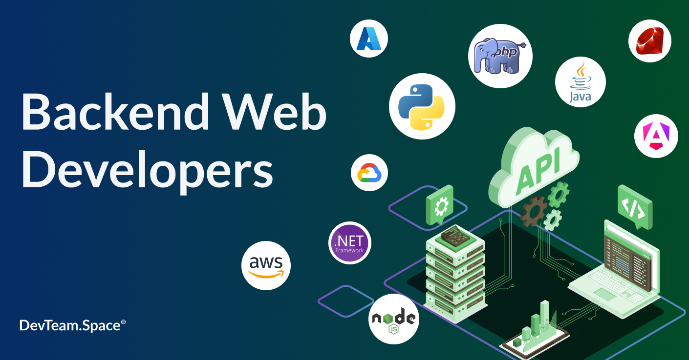 Image with text saying bakend web developers that includes the logos of backend technologies like PHP, .Net, Java, AWS, and Google Cloud Platform