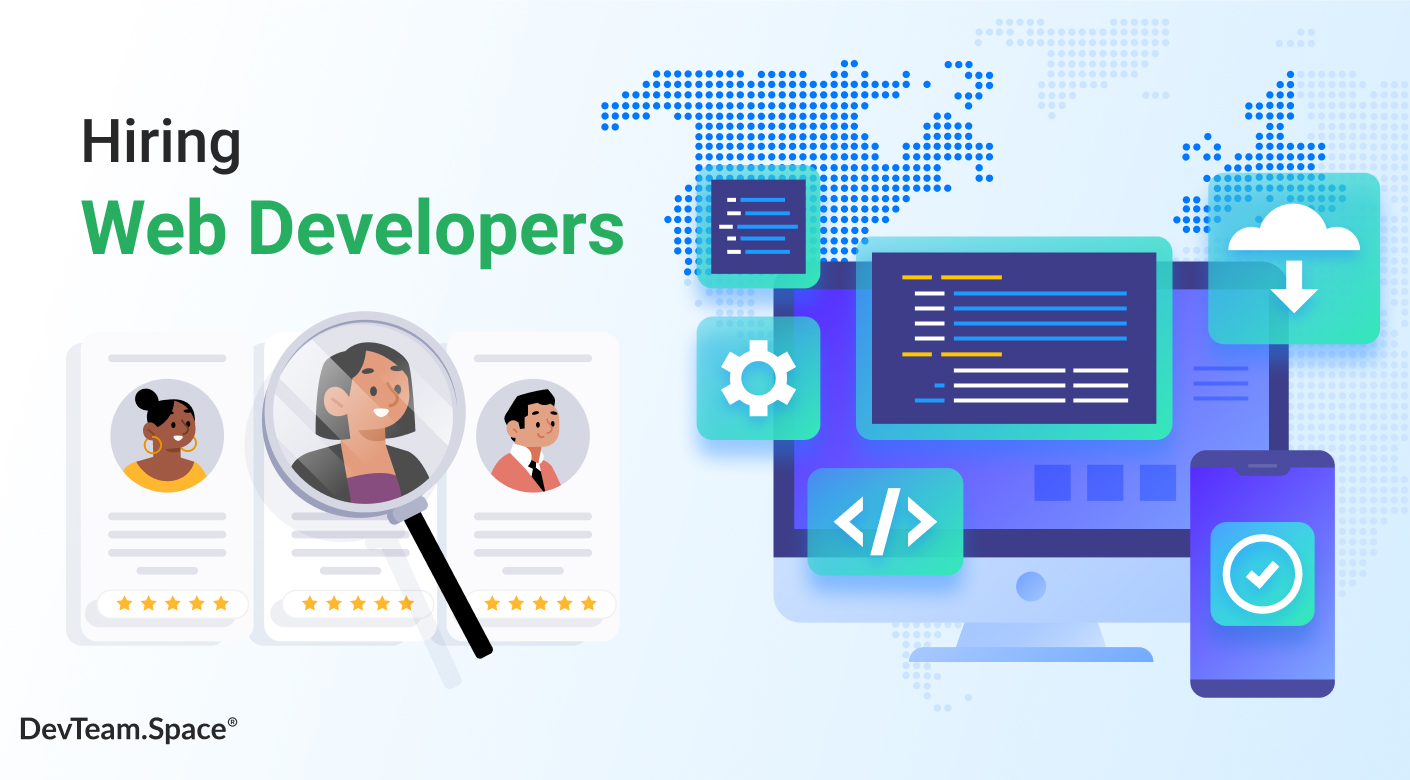 Image with text saying hire web developers that includes images of website developers and a computer with code for a website and a map of the world with DevTeam.Space logo. 