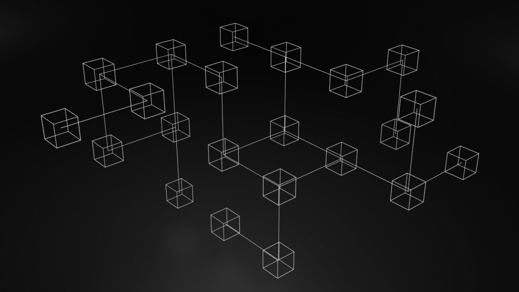 visual representation of blockchain - white cubes interconnected with white lines on a black background - DevTeam.Space