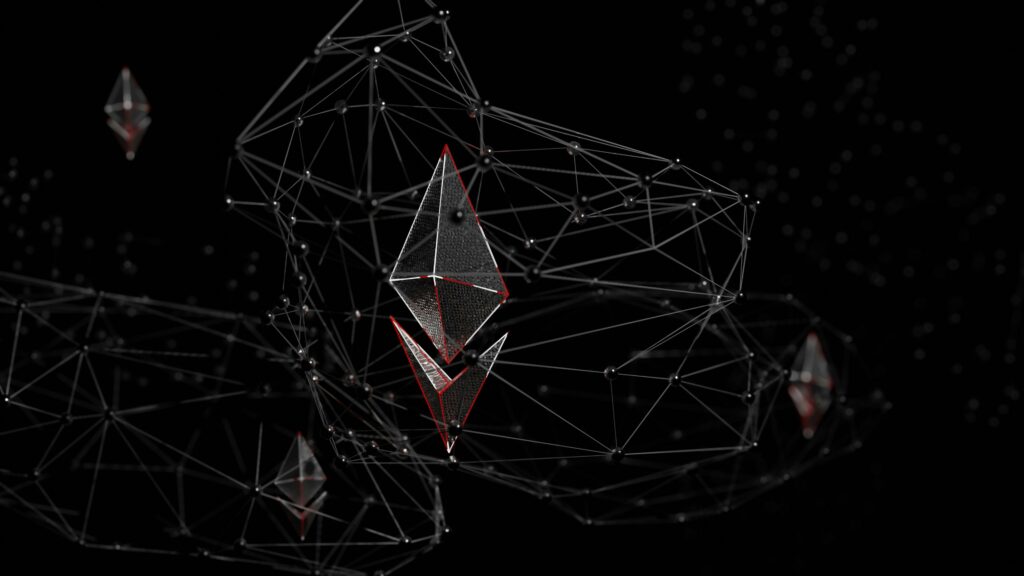 a 3D image of the Ethereum symbol surrounded by a network with nodes on a black background - DevTeam.Space
