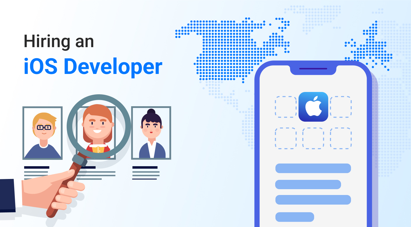 Image features text saying hiring an iOS developer and images of 3 iOS developers and an Apple phone with MacOS