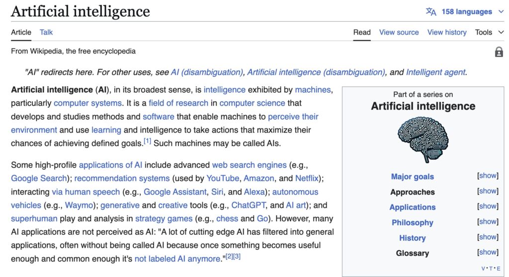 The visual picture of Wikipedia about Artificial Intelligence definition. 