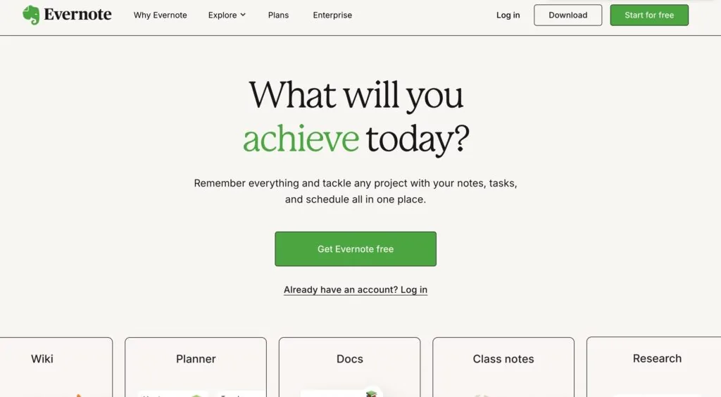 The visual picture of Evernote top note-taking app main page.