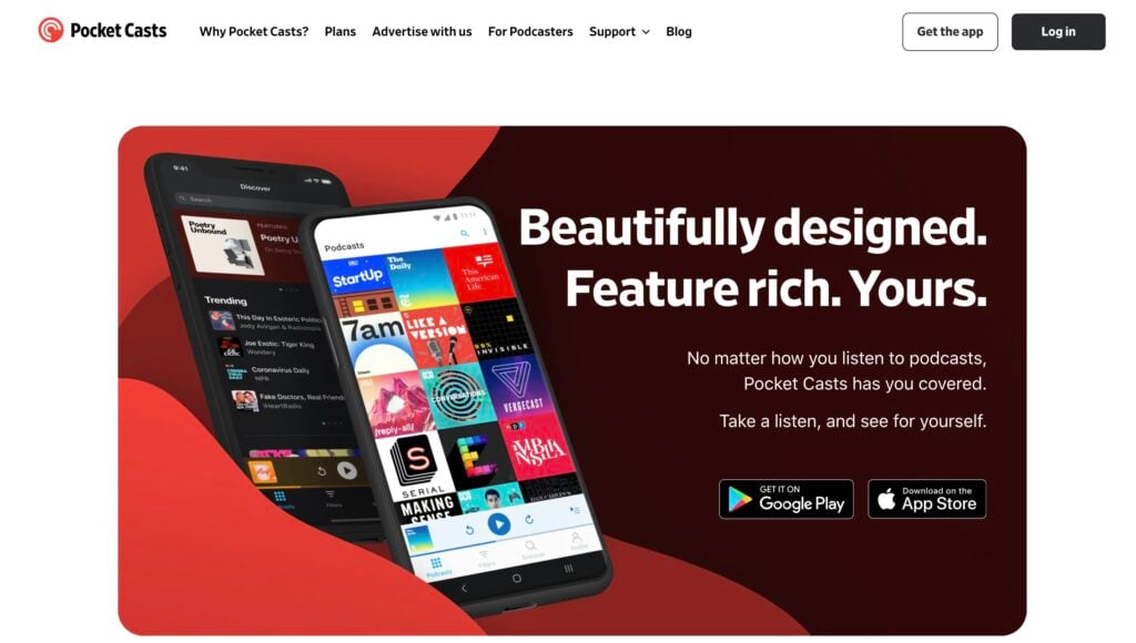 The visual picture of Pocket Casts popular podcast app main page.