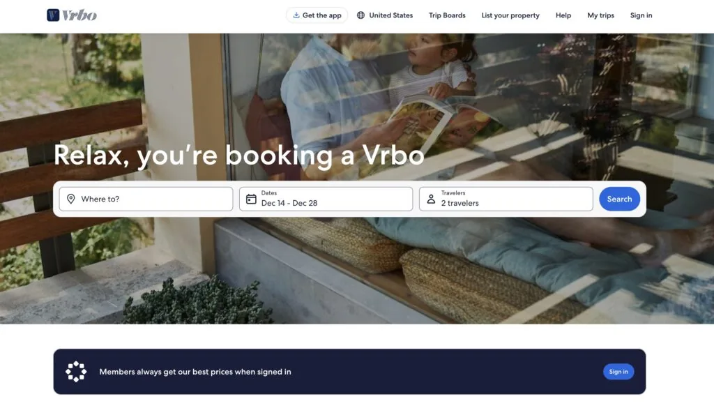 The visual picture of Vrbo vacation rental website and marketplace main page.