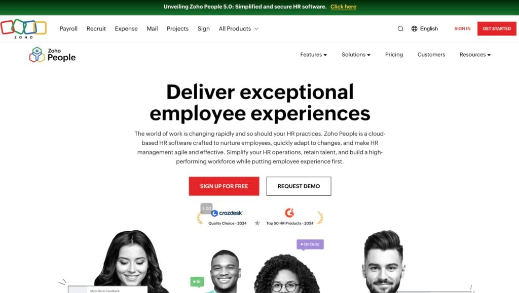 The visual picture on Zoho People employee management software main page.