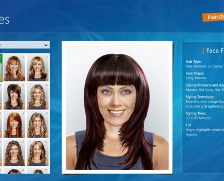 Image shows interface from popular hairstyling app Hairstyle Pro. It features a woman surrounded by different possible hairstyles