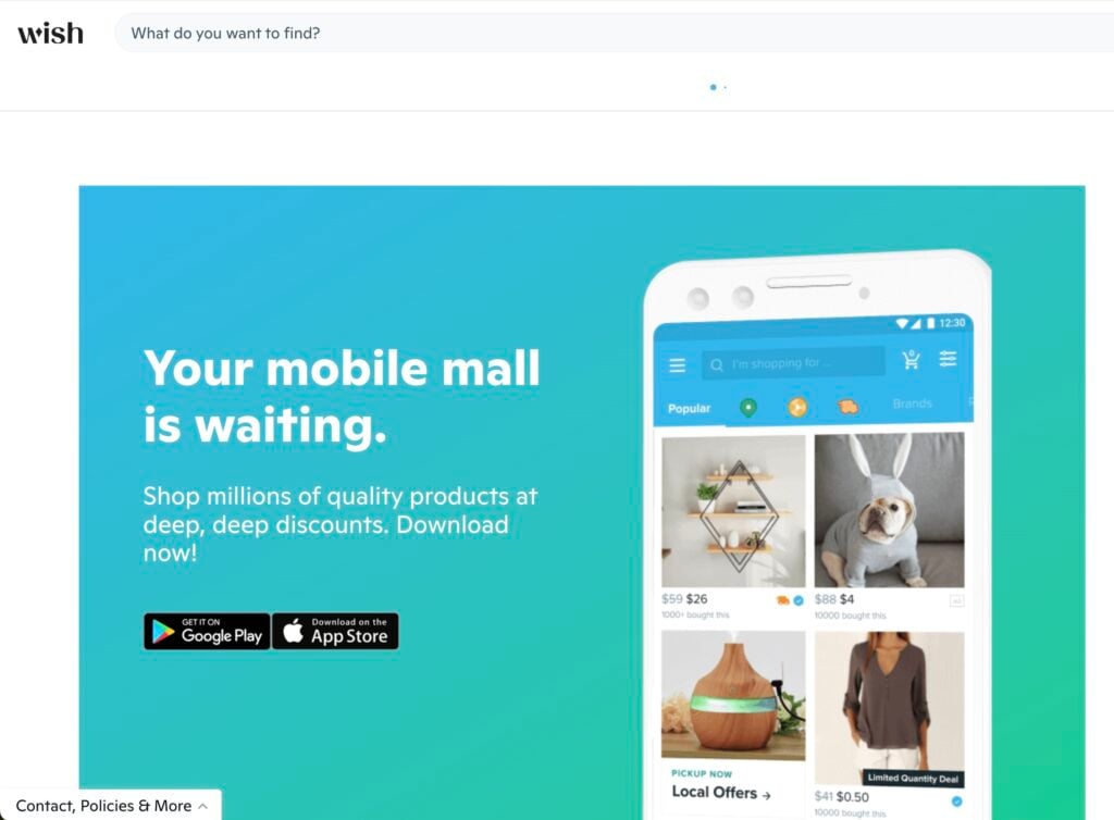 The visual picture of Wish shopping app main page.