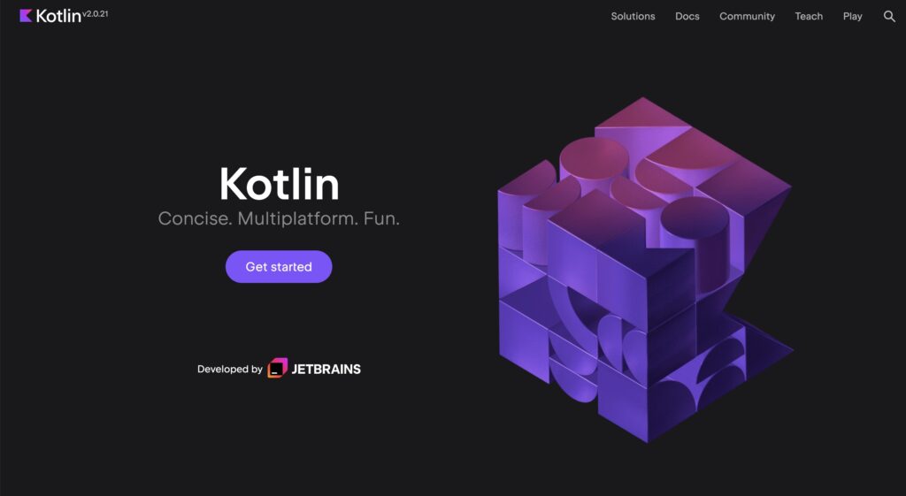 Kotlin programming language main page visual picture.