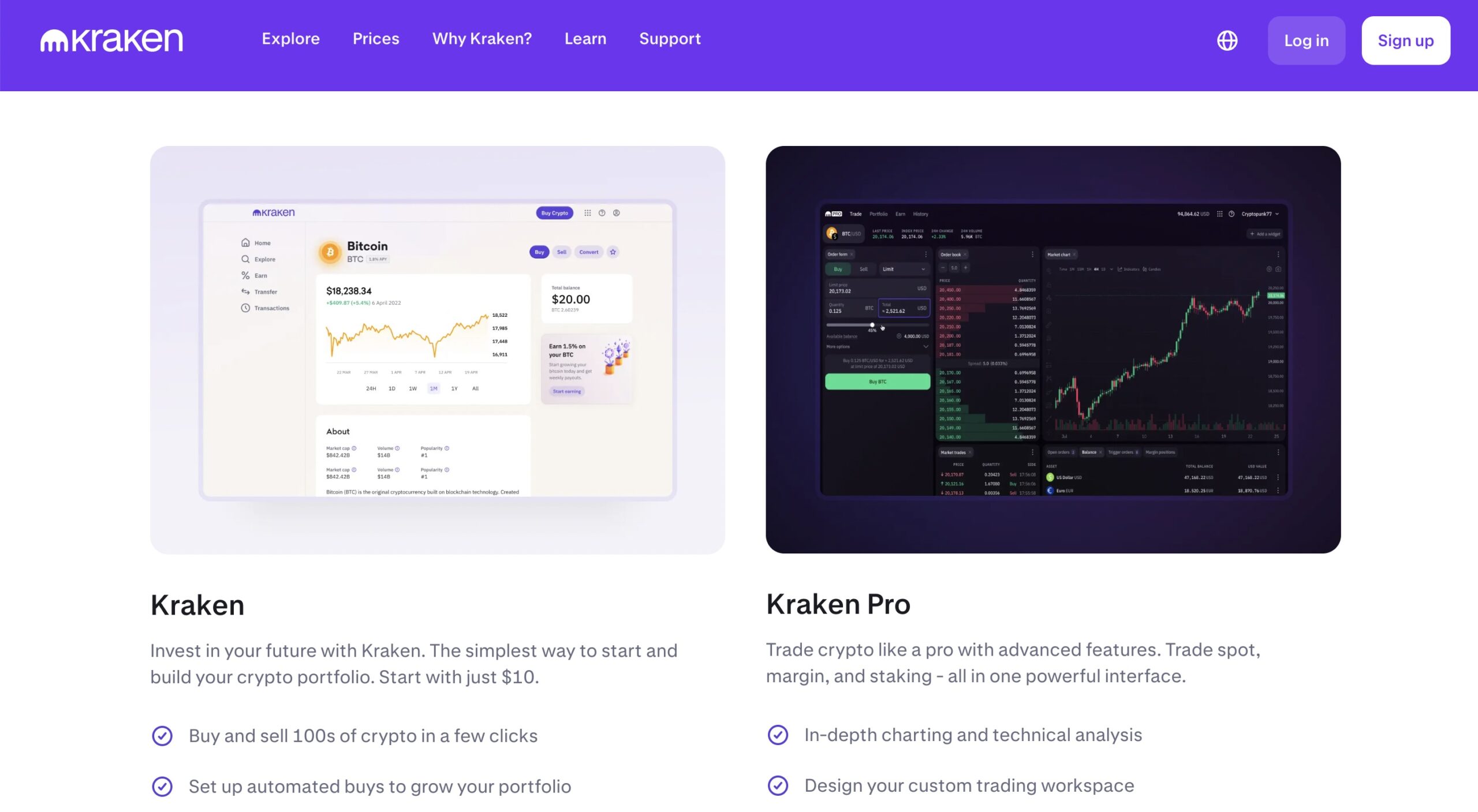 The visual picture of Kraken cryptocurrency exchange platform main page.