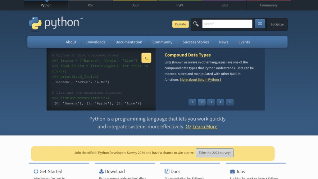 Python programming language. a visual picture of python programming language main page.