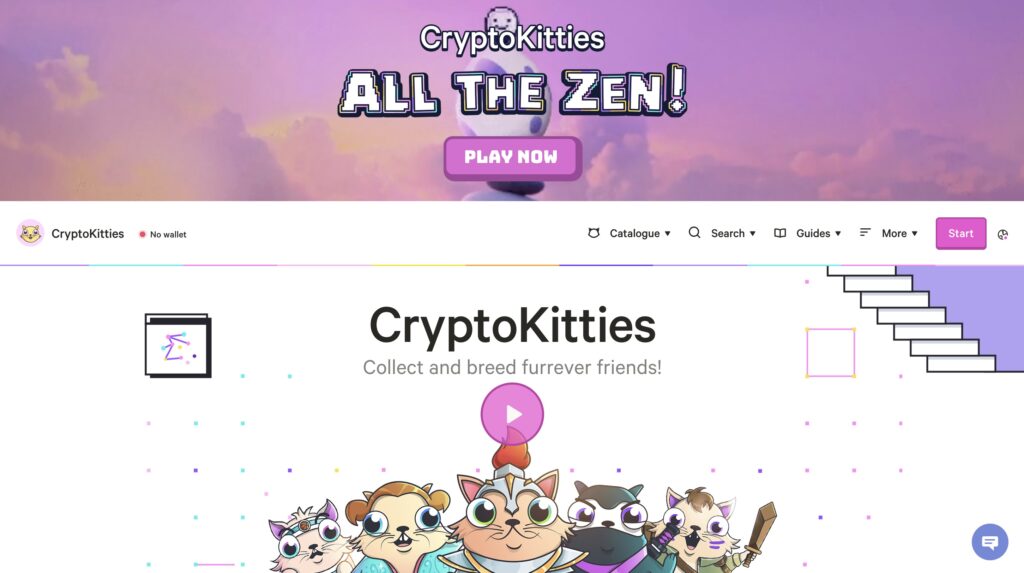 The visual picture of CryptoKitties popular NFT game main page.