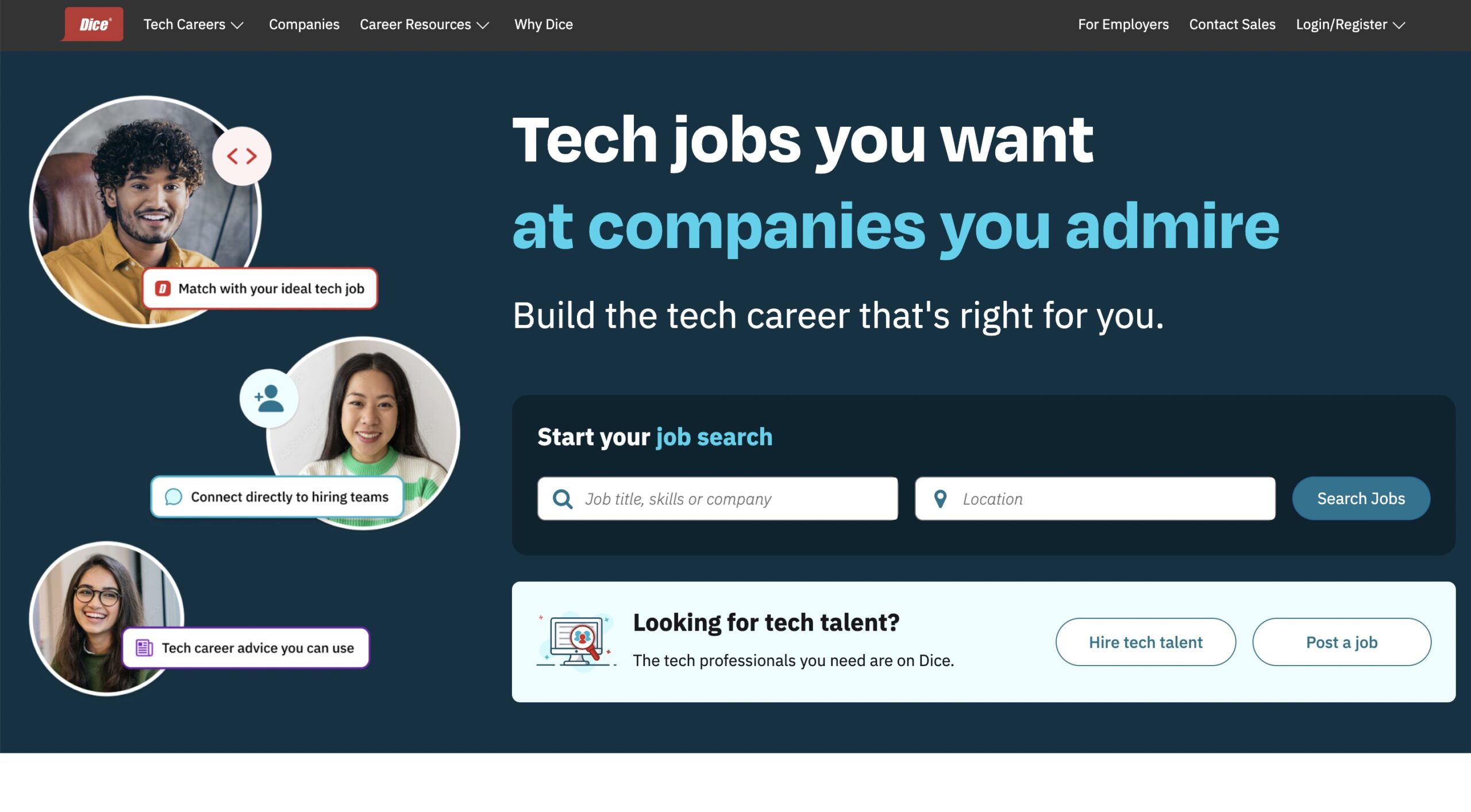 The visual picture of Dice top job board website main page.