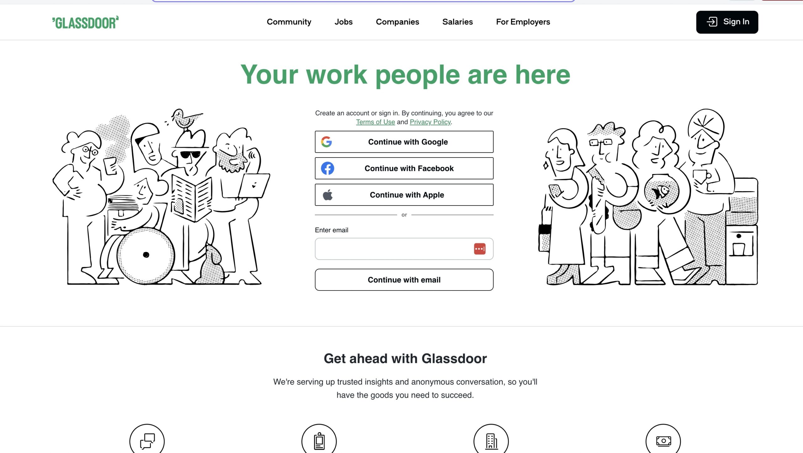 The visual picture of Glassdoor top job board website main page.