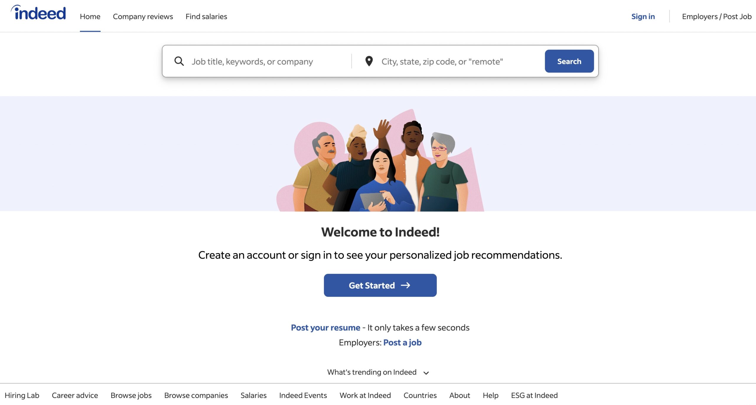 The visual picture of Indeed job board website main page.