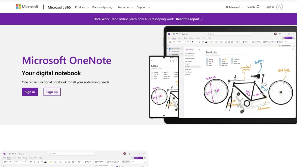 The visual picture of Microsoft OneNote notetaking app main page.